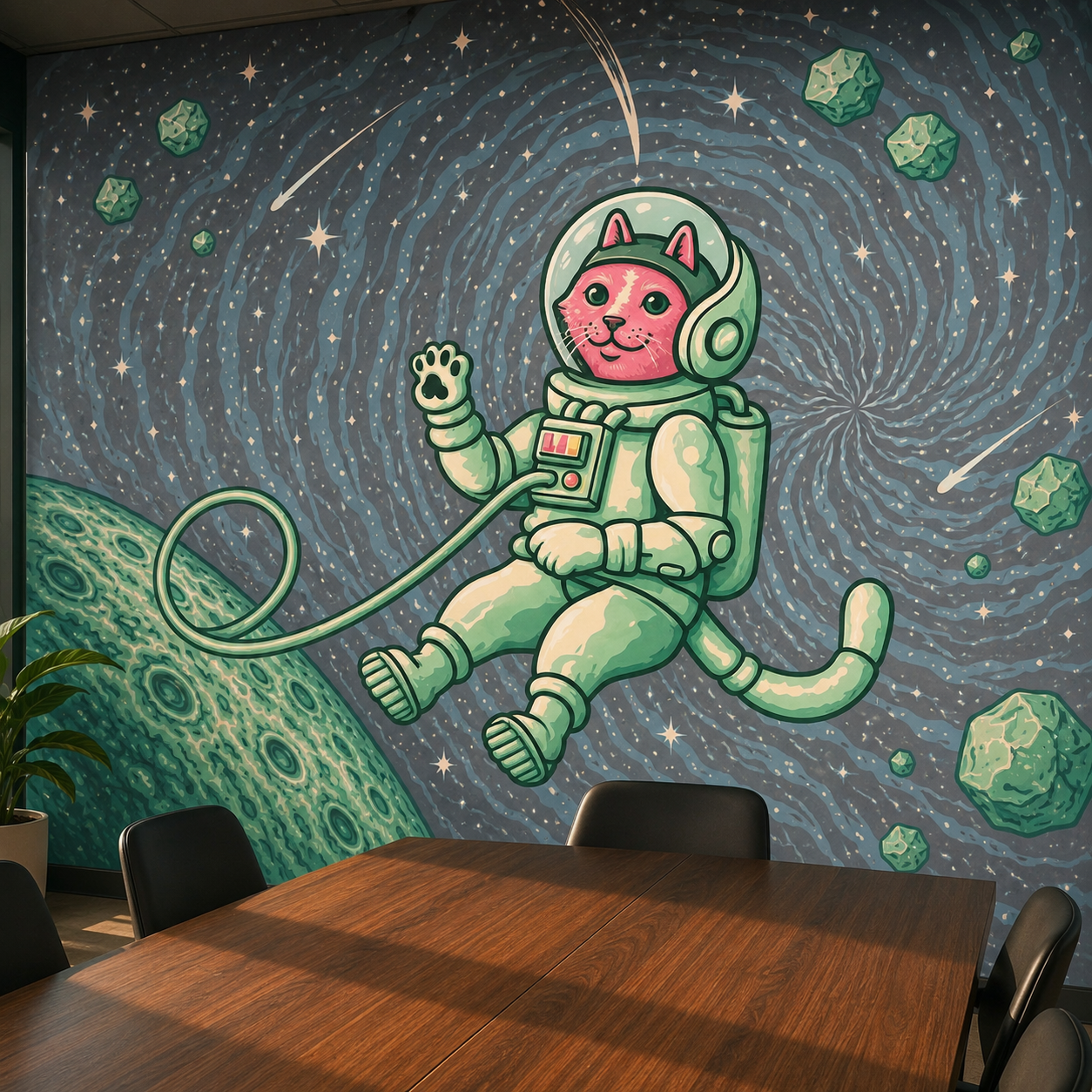 Pink astronaut cat mural in Robinhood office
