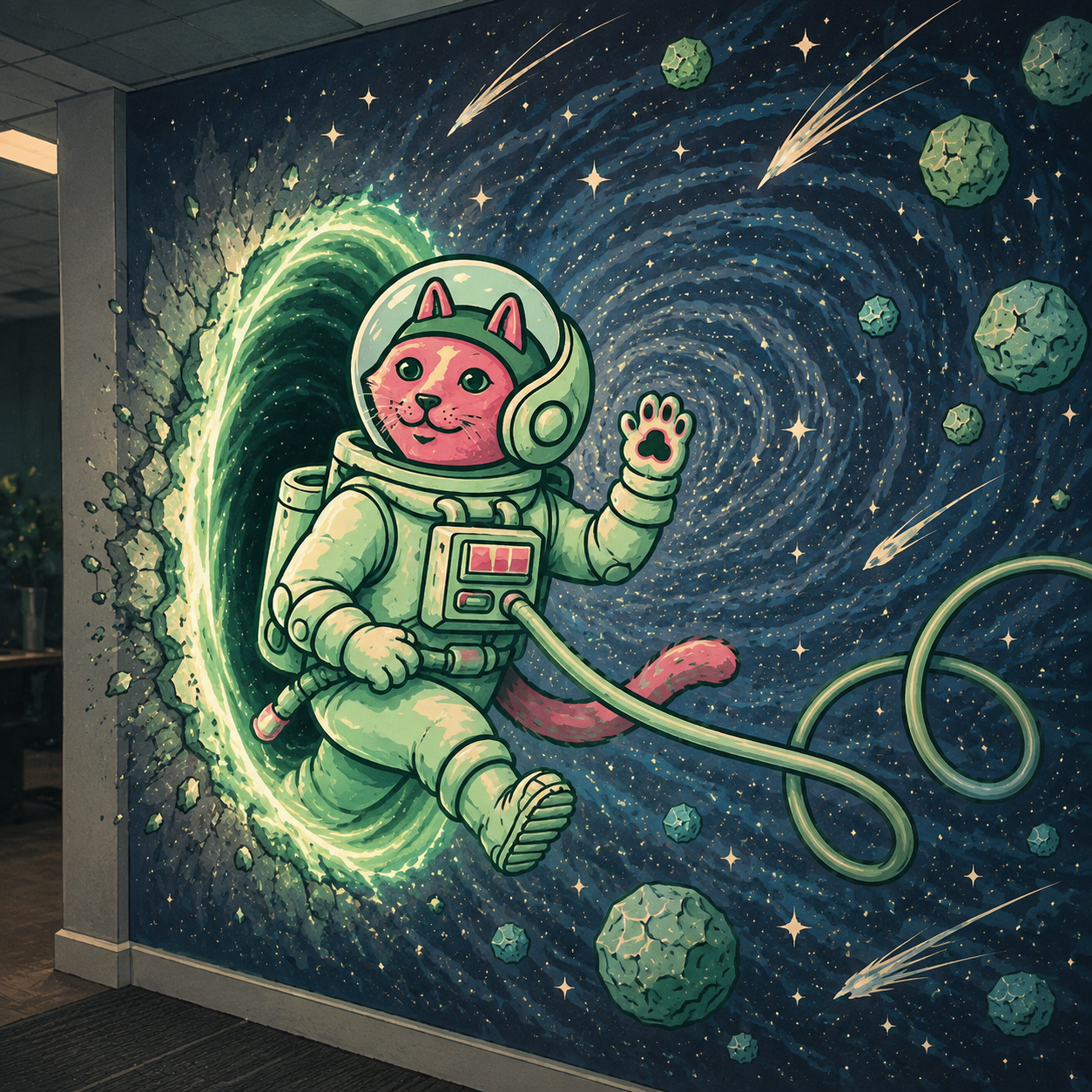 Meow 108 mural stepping through a portal