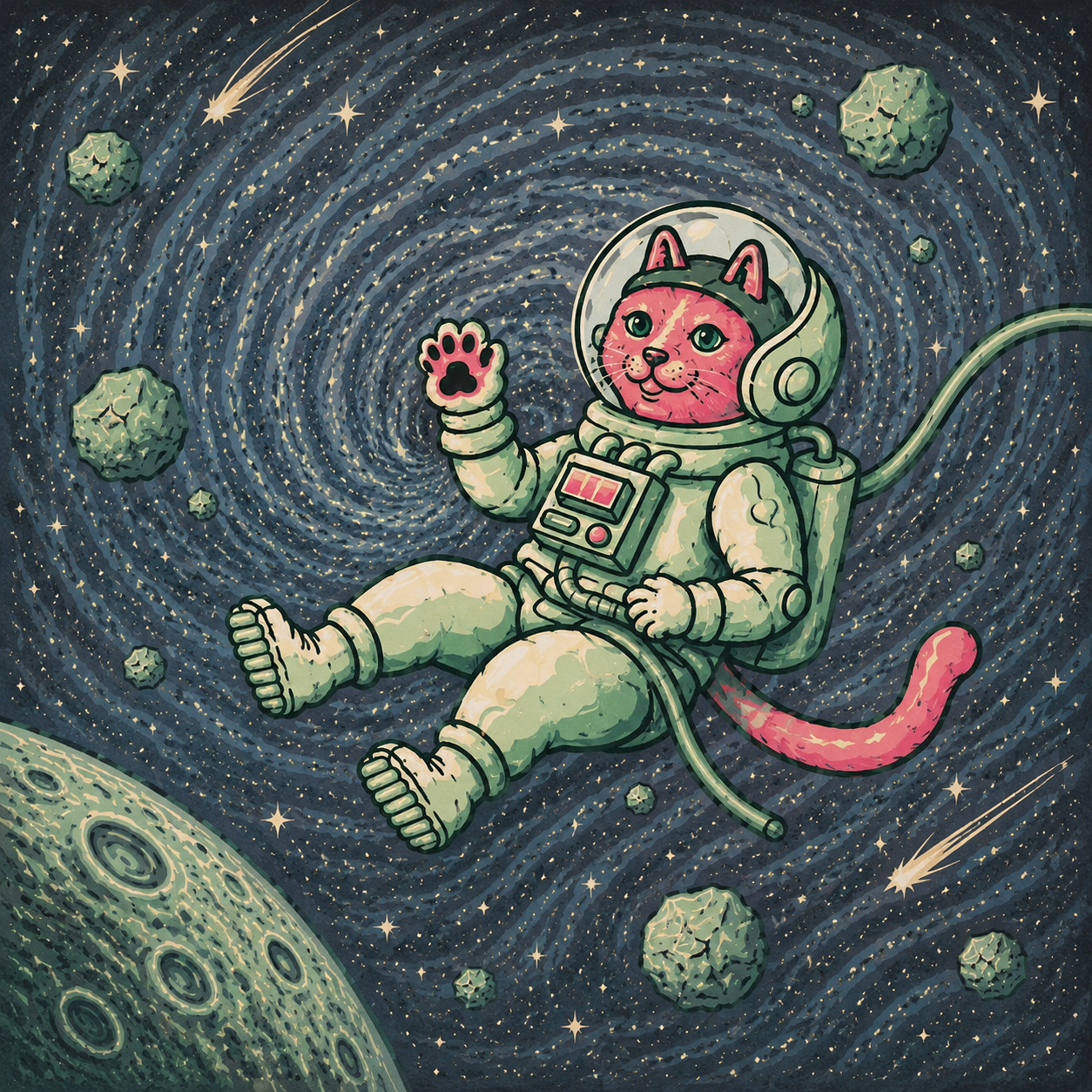 Meow 108 waving in a galaxy